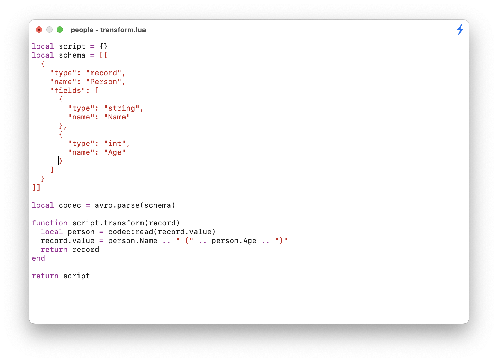 a screenshot of a Lua script decoding Apache Avro data